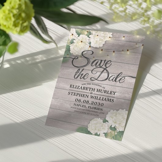 Het huwelijk bewaart de Datum Hydrangea het Hout v Save The Date