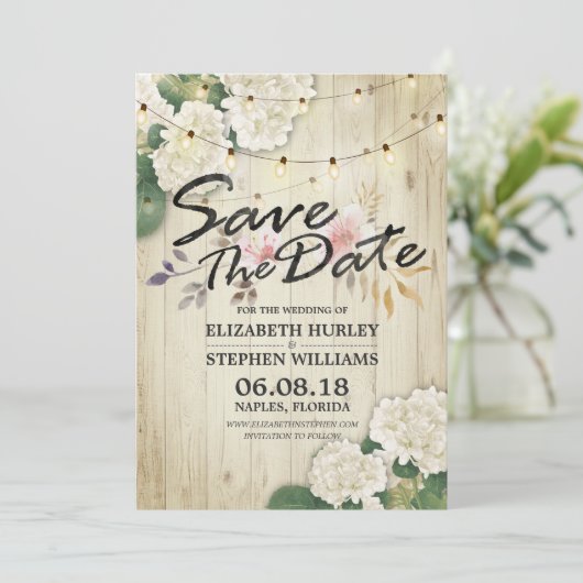 Het huwelijk bewaart de Datum Hydrangea het Hout v Save The Date (Staand voorkant)
