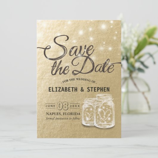Het huwelijk bewaart de Datum Mason Jar String Lig Save The Date (Staand voorkant)