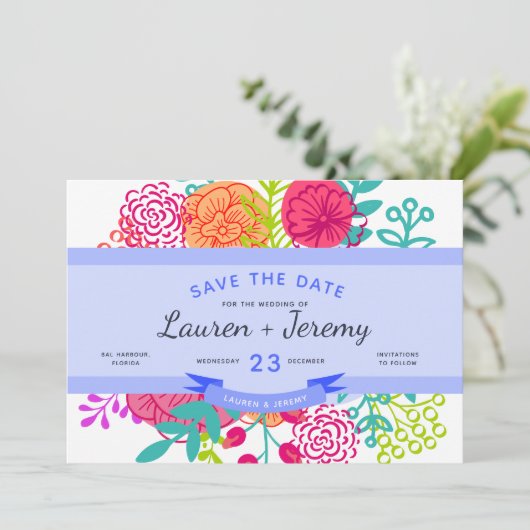 Het huwelijk bewaart de Datum Modern Blue Ribbon F Save The Date (Staand voorkant)