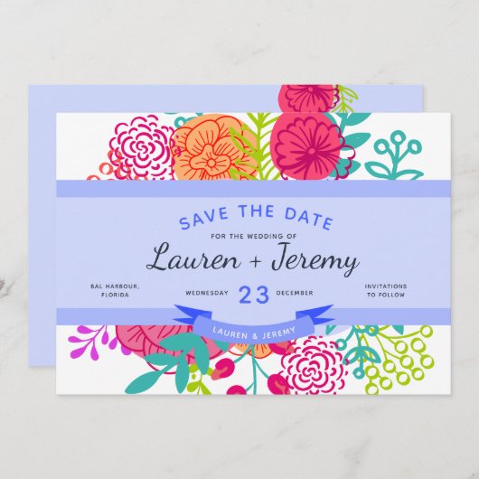 Het huwelijk bewaart de Datum Modern Blue Ribbon F Save The Date (Voorkant / Achterkant)