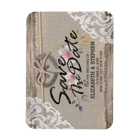 Het huwelijk bewaart de Datum Rustic Hoefijzer Bur Magneet (Verticaal)