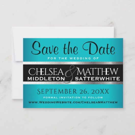 Het huwelijk bewaart de Datum Turquoise en Silver Save The Date (Voorkant)