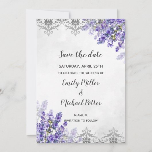 Het huwelijk bewaart de Datum Waterverf Lavender Save The Date (Voorkant)