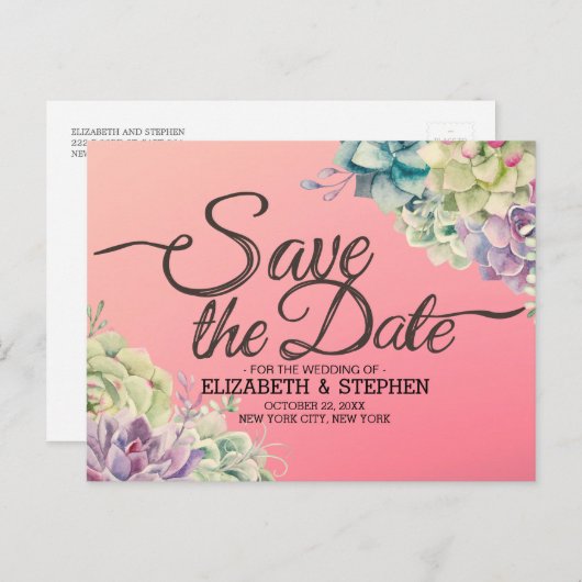 Het huwelijk bewaart de Datum Waterverf Succulente Aankondigingskaart (Voorkant / Achterkant)