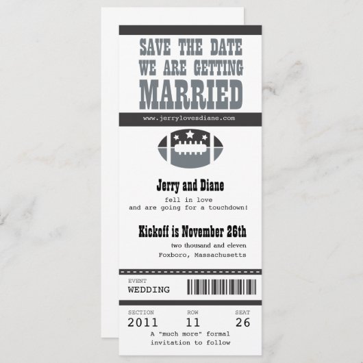 Het huwelijk bewaart het Ticket van het Football v Save The Date (Voorkant / Achterkant)