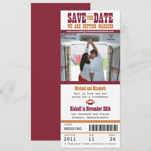 Het huwelijk bewaart het Ticket van het Football v Save The Date (Voorkant / Achterkant)