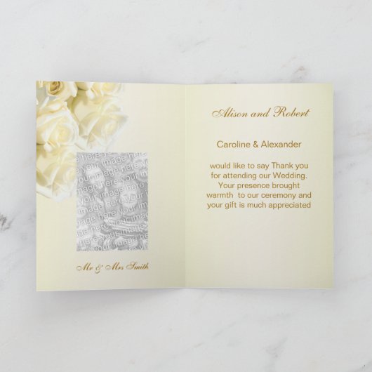 Het huwelijk dankt u kaardt - wit-roomrozen bedankkaart (Binnen)