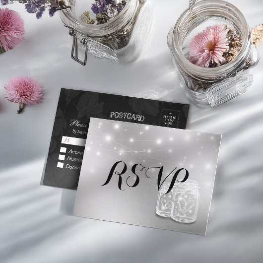 Het huwelijk RSVP Mason Jars String Light Modern S Uitnodiging Briefkaart