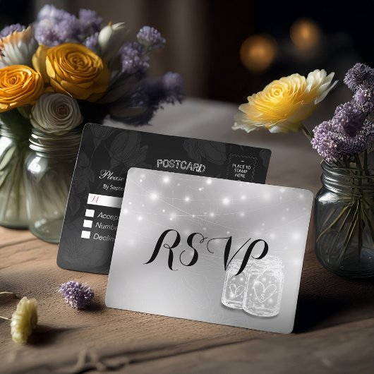 Het huwelijk RSVP Mason Jars String Light Modern S Uitnodiging Briefkaart