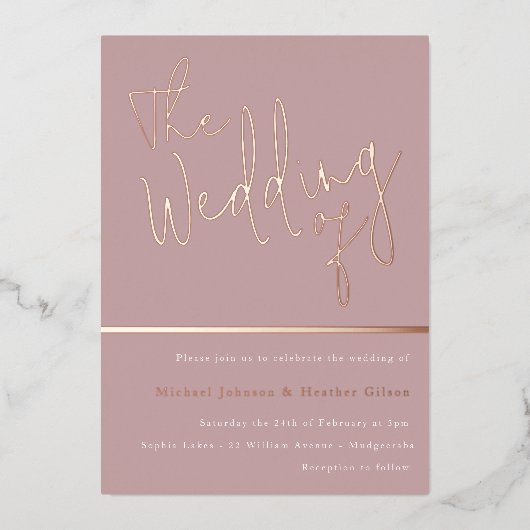 Het huwelijk van: Dusty Roos Pink Rose Gold Folie Uitnodiging (Voorkant)