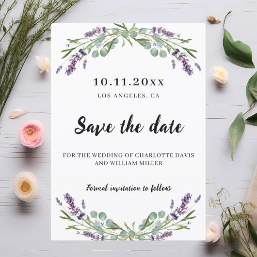 Het huwelijk van Lavender eucalyptus bewaart de da Save The Date