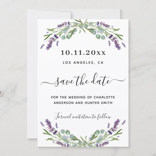 Het huwelijk van Lavender eucalyptus bewaart de da Save The Date (Voorkant)