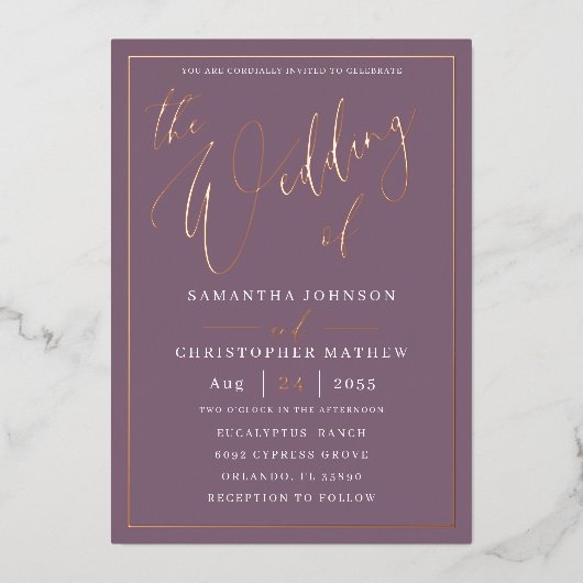 Het huwelijk van Roos Gold Calligraphy Wedding Folie Uitnodiging (Voorkant)