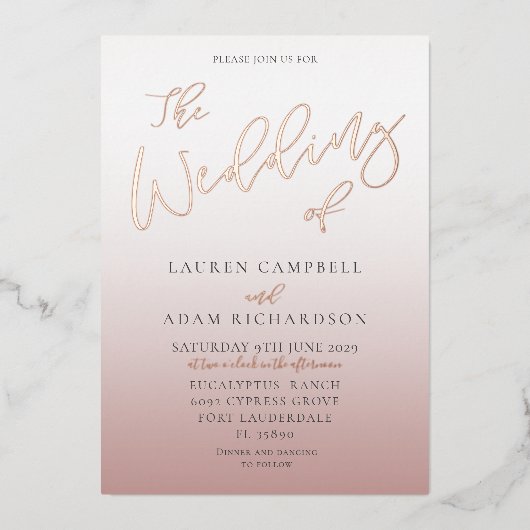Het huwelijk van Roos Gold Calligraphy Wedding Folie Uitnodiging (Voorkant)