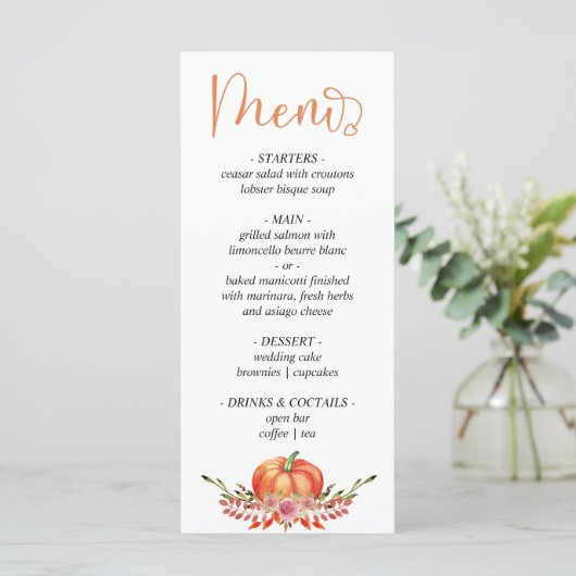 Het huwelijksmenu van de moderne herfstpompoenflor menu (Staand voorkant)