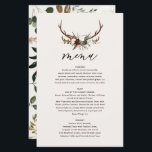 Het huwelijksmenu van de rotsflorale en de staartw<br><div class="desc">Rustic floral and stag antlers bruiloft menu. Moderne bruuske bruiloft met waterverf bladeren,  florale en vlekvormgeving. Deel van een collectie</div>