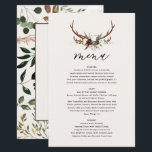 Het huwelijksmenu van de rotsflorale en de staartw<br><div class="desc">Rustic floral and stag antlers bruiloft menu. Moderne bruuske bruiloft met waterverf bladeren,  florale en vlekvormgeving. Deel van een collectie</div>