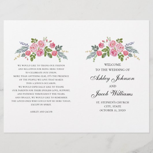 Het huwelijksprogramma is gevouwen. Roze rozen. Tu (Voorkant)