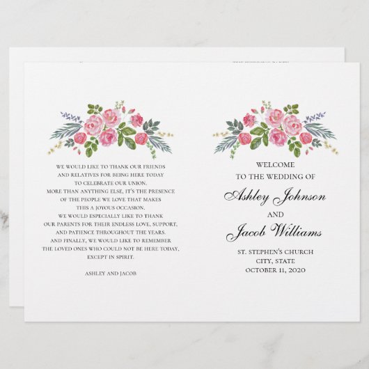 Het huwelijksprogramma is gevouwen. Roze rozen. Tu (Voorkant / Achterkant)