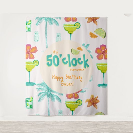 Het is 50 uur ergens feest thema wandkleed (Voorkant)