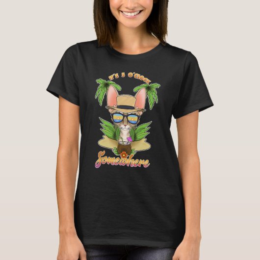 Het is 5 uur ergens Drinkende Devon Rex Kat T-shirt (Voorkant)