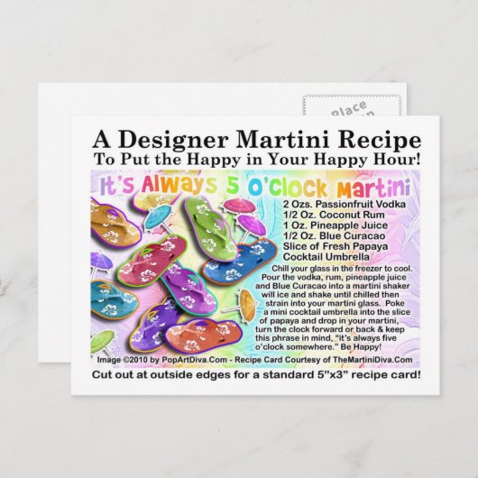 Het is altijd 5 uur 'Clock Tropical Martini Recipe Briefkaart (Voorkant / Achterkant)