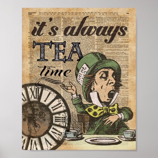 "Het is altijd theetijd" Mad Hatter Dictionary Art Poster (Voorkant)