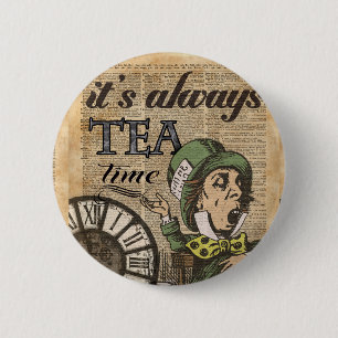 "Het is altijd theetijd" Mad Hatter Dictionary Art Ronde Button 5,7 Cm