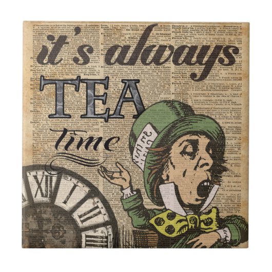 "Het is altijd theetijd" Mad Hatter Dictionary Art Tegeltje (Voorkant)
