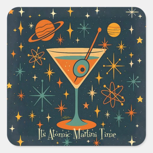 Het is Atomic Martini Tijd Kosmische Sterren Vierkante Sticker (Voorkant)