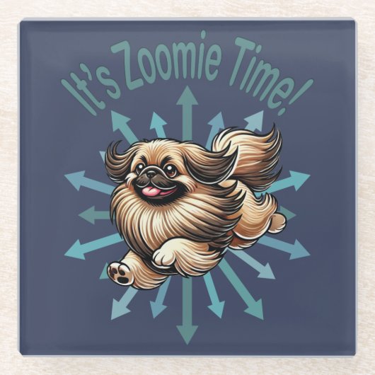 Het is de Zoomie Time Pekingees Glazen Onderzetter (Voorkant)