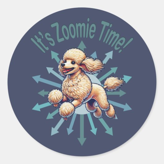 Het is de Zoomie Time Poodle Ronde Sticker (Voorkant)