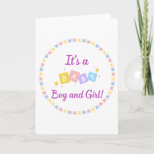 Het is een baby jongen en meisje tweeling geboorte kaart (Voorkant)