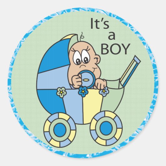 Het is een baby jongen in een koets ronde sticker (Voorkant)