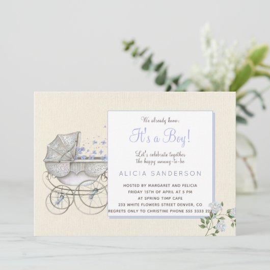 Het is een baby koets douchefeest voor jongens kaart (Staand voorkant)