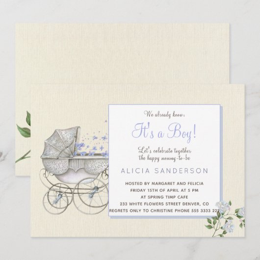 Het is een baby koets douchefeest voor jongens kaart (Voorkant / Achterkant)