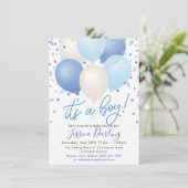 Het is een Baby shower Blue Balloons en Confetti. Kaart (Staand voorkant)