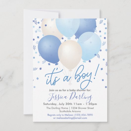 Het is een Baby shower Blue Balloons en Confetti. Kaart (Voorkant)