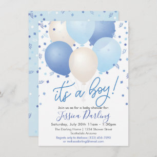 Het is een Baby shower Blue Balloons en Confetti. Kaart