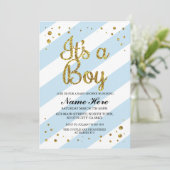 Het is een Baby shower Blue Stripe Gold Invite. Kaart (Staand voorkant)
