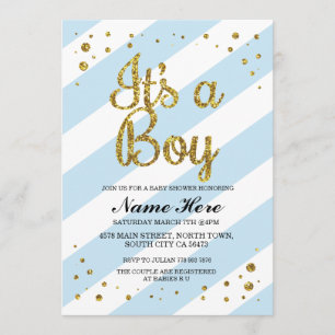Het is een Baby shower Blue Stripe Gold Invite. Kaart