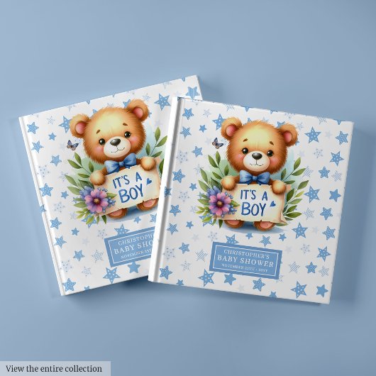 Het is een baby shower gastenboek met teddybeer