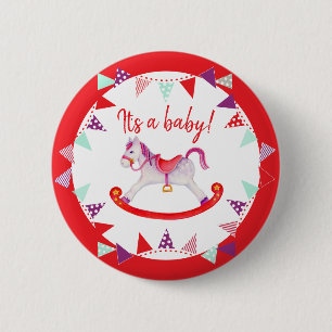 Het is een baby shower hobbypaard... ronde button 5,7 cm
