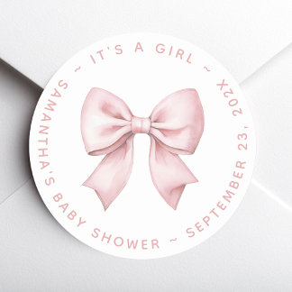 Het is een baby shower met roze strik voor een mei ronde sticker