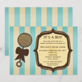 Het is een Baby shower  Rattle Blue Stripes Kaart (Voorkant / Achterkant)