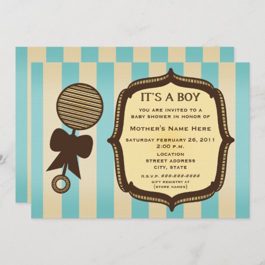 Het is een Baby shower Rattle Blue Stripes Kaart (Voorkant / Achterkant)