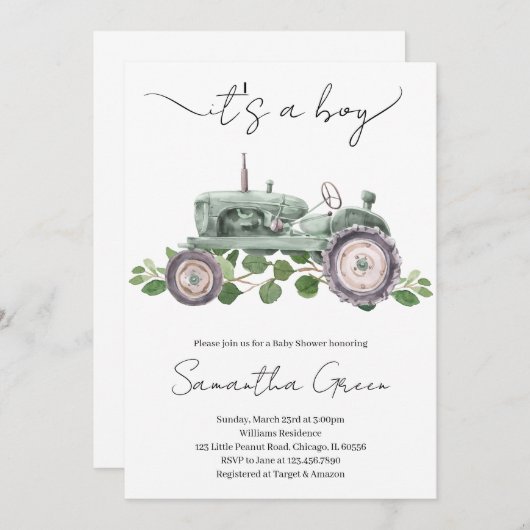 Het is een Baby shower-uitnodiging van de Jongen T Kaart (Voorkant / Achterkant)