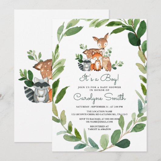 Het is een Baby shower-uitnodiging voor Boy Woodla Kaart (Voorkant / Achterkant)