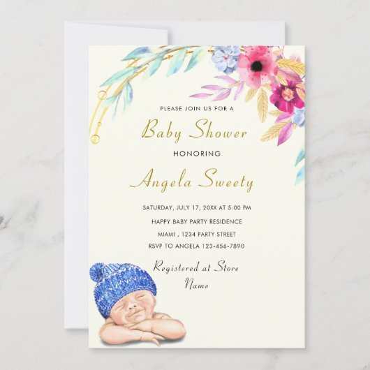 Het is een Baby shower-uitnodiging voor een knul H (Voorkant)